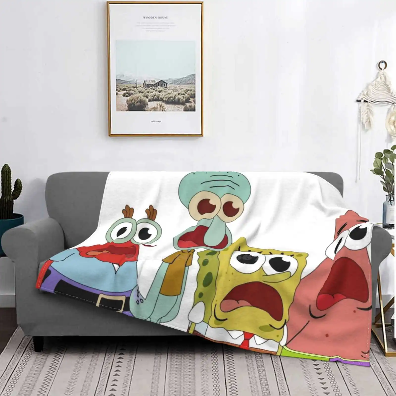 Big Eyed Patrick Squidward And Mr. Krabs Four Seasons Comfortable Warm Soft Throw Blanket Bigeyed Bigeyes Trippy Patrick