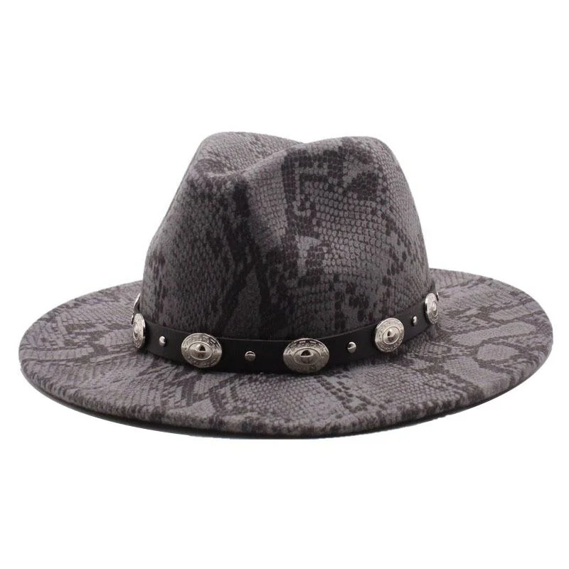 2022 Unisex Wide Brim Fedora Hats For Women Men Snake Pattern Jazz Hat Felt Panama Cap Imitation Wool British Style Ladies Cap