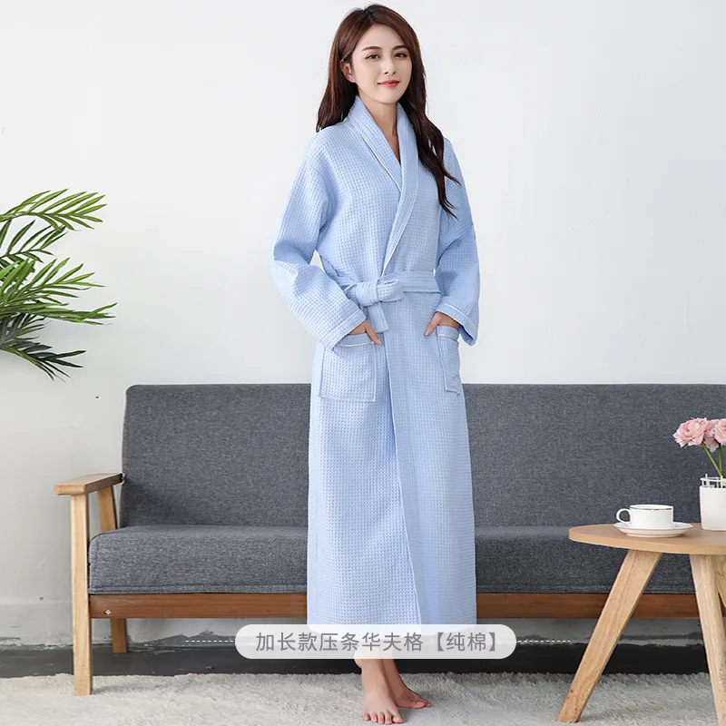 100% Cotton Hotel Long Kimono Waffle Bath Robe for Women Autumn Fast Water Absorption Bathrobe Female Gown Sleepwear Size 2XL