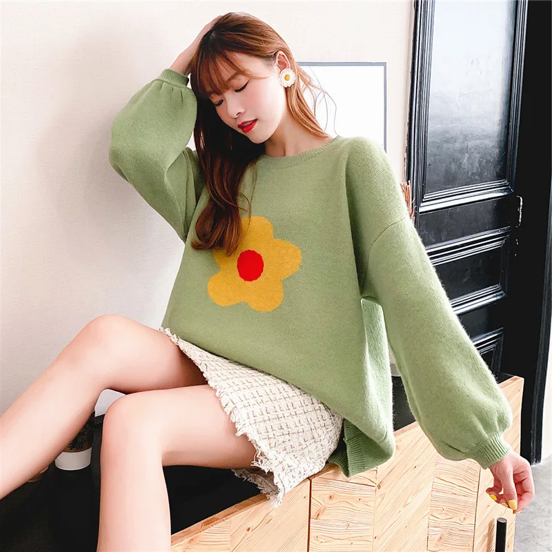 

H9573 Lady Sweater Women Loose Pullover Spring Autumn Korean Sunflower Puff Sleeve Round Collar College Style Casual Jumper Top