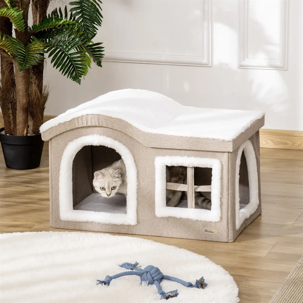 PawHut folding cat house with removable lid and cushions 63,5x37x40 cm Beige