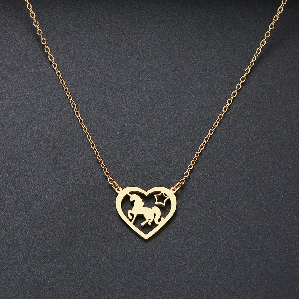 New fashion Love Heart Unicorn Necklace Exquisite Hollow Pendant Necklaces Popular Chain Collares Gifts Stainless Steel Jewelry