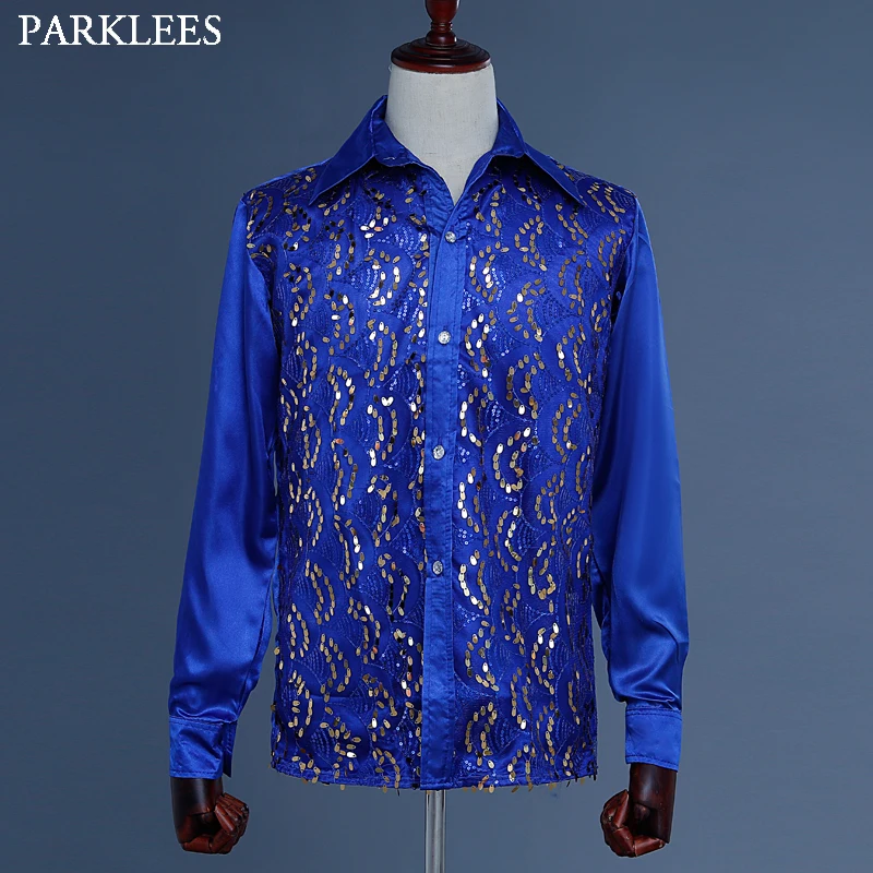 Red Silk Satin Men Shirt Sequin Wedding Party Men Dress Shirt Disco Stage Dancer Men Long Sleeve Fashion Patchwork Shirts Mens