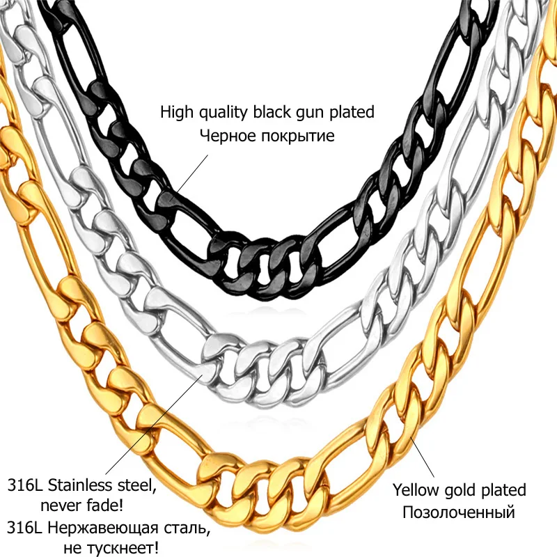 U7-メンズジュエリーセット,カラーブラック/ゴールド,ステンレススチール,5mm,フィガロチェーン,ネックレスとブレスレット,ギフト,トレンディ,s430,卸売