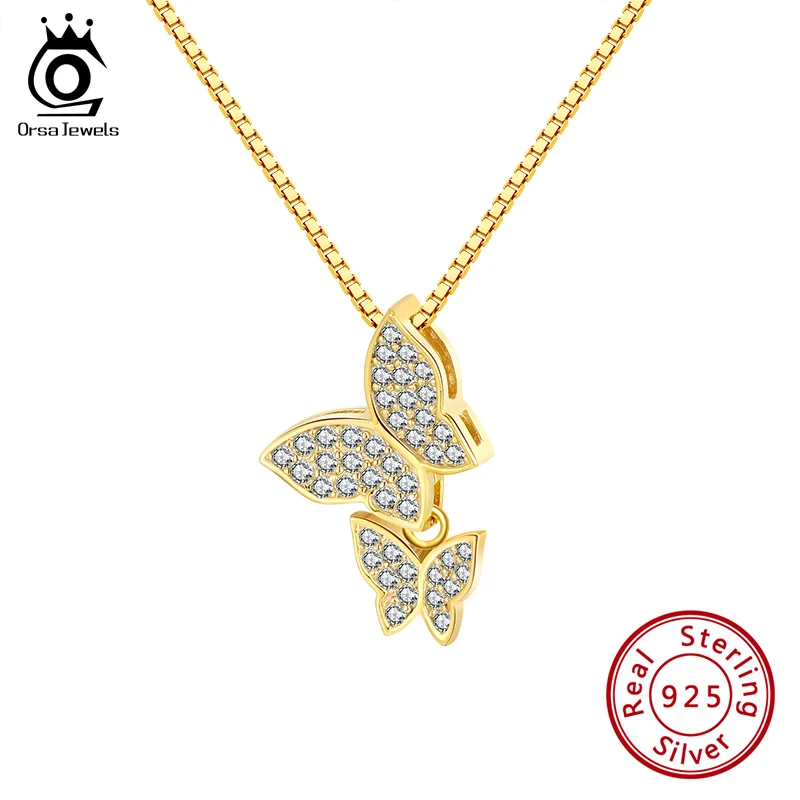 

ORSA JEWELS Lovely Two Butterflies Pendant Necklace 925 Sterling Silver Cute Pendant Necklace AAAA Zircon Genuine Jewelry SN191