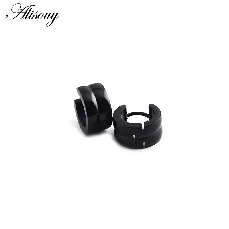 Alisouy 2pcs Black Gold Color Wide Hoop Earing stainless steel Circle Piercing Huggies earring set for women men Korean Jewelry