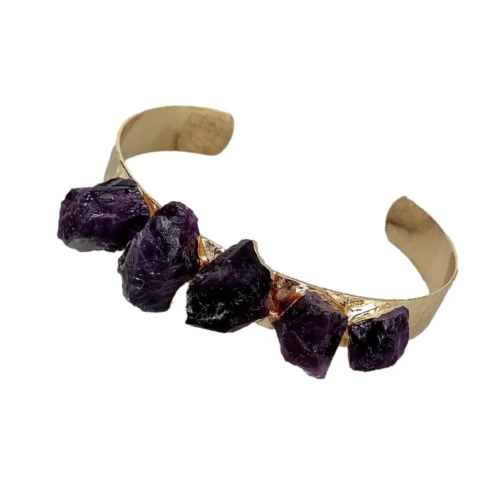 YYGEM Cute style Natural Purple Amethyst Rough Raw Gold Plated Bangle Gold Color Electroplated Bracelet Adjustable