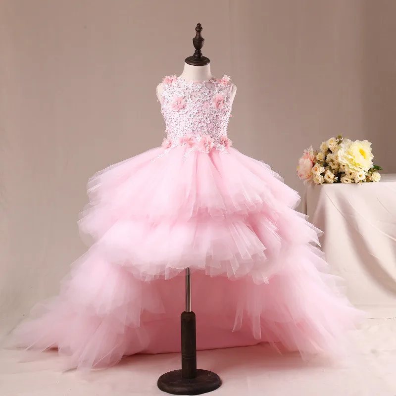 Fancy Flower Girl Dress with Train 2024 Children Show Performance Costume Kids Long Mermaid Tulle Pink Gowns Boutique Clothes