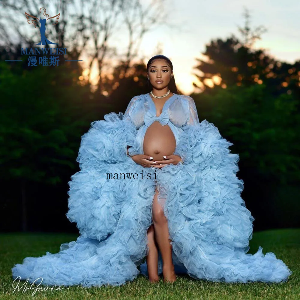 

Bridal Fluffy Tulle Maternity Robes Custom Made Sky Blue Pregnant Women Evening Dresses Photo Shoot Birthday Party Bathrobe