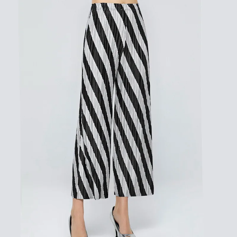 

Striped Pants Women Fashion Miyake Pleated Spring New High Waist Loose All Matched Casual Trousers Full Length