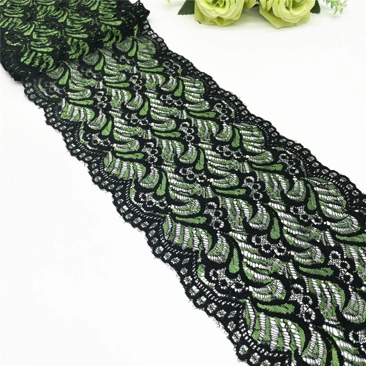 3y/lot Width 7 inch (18cm) 2-Tone Green Black Elastic Lace Trim For Skirt Hem Clothes Sewing Material DIY Apparel Dress Fabric