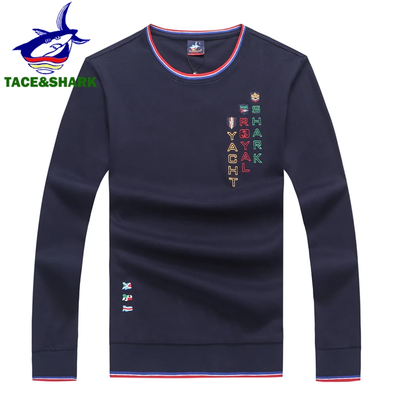 TACE&SHARK Brand Men Casual Tee Shirt Homme Fashion Shark Embroidery Long Sleeve T-shirt Male Blue T Shirts 2019