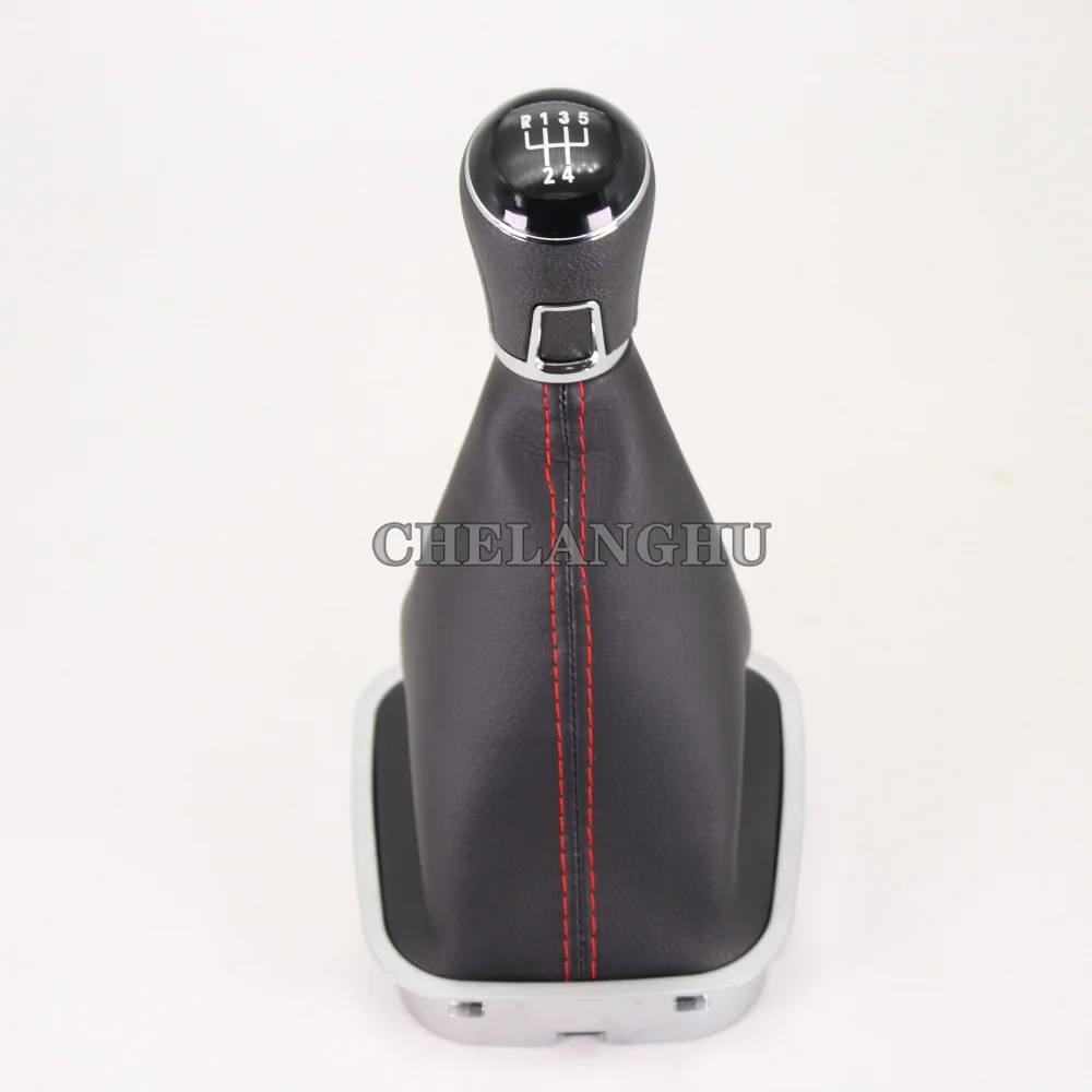 For VW Polo 6R Hatchback 2009 2010 2011 2012 2013 Car-styling 5 Speed Gear Stick shift knob Level leather Boot Red Line