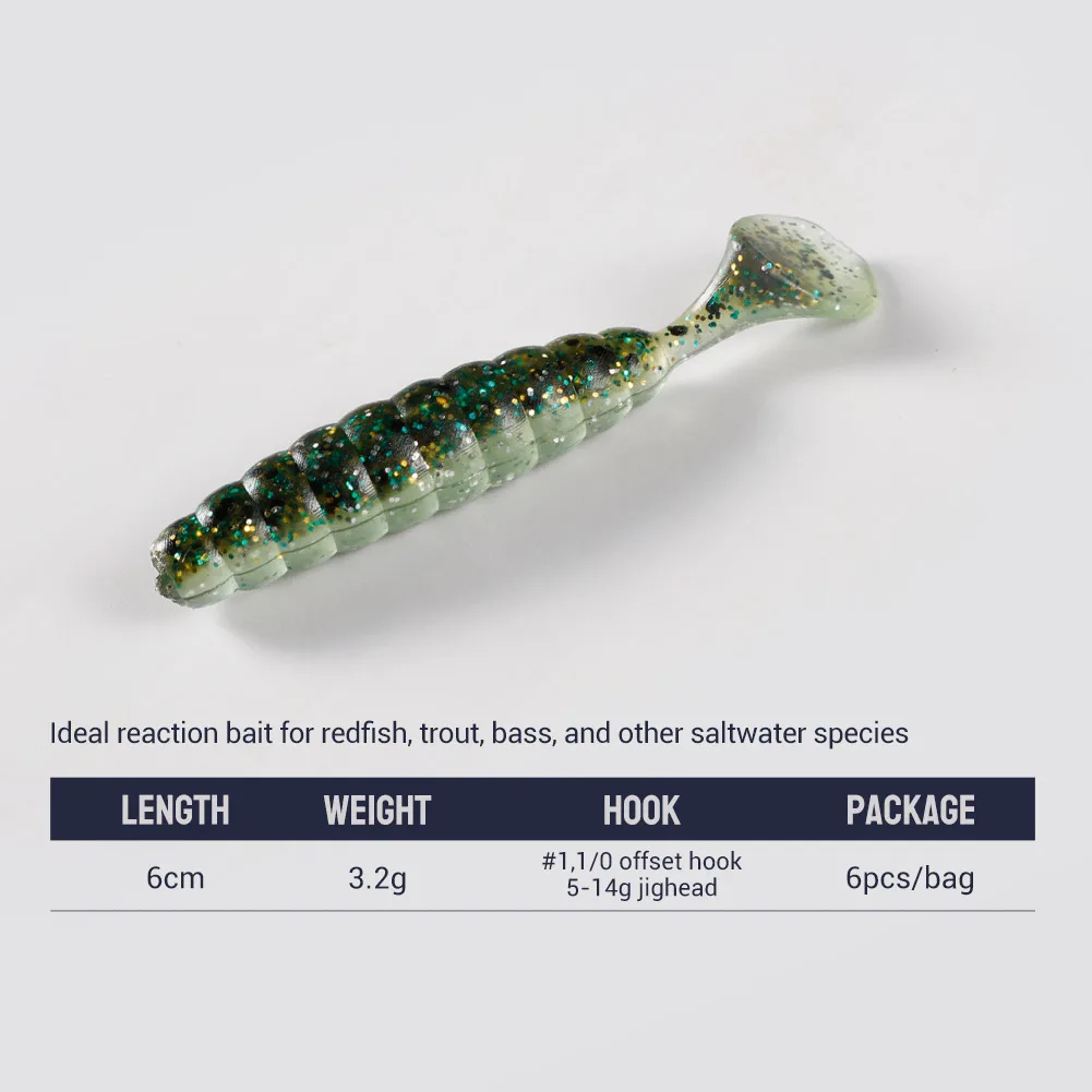 NOEBY-Artificial Silicone Bait, T Tail, Ribbed Lure, Jig Head, Grub Worm, Swimbait for Sea Bass Fishing, 6cm, 3.2g，6pcs