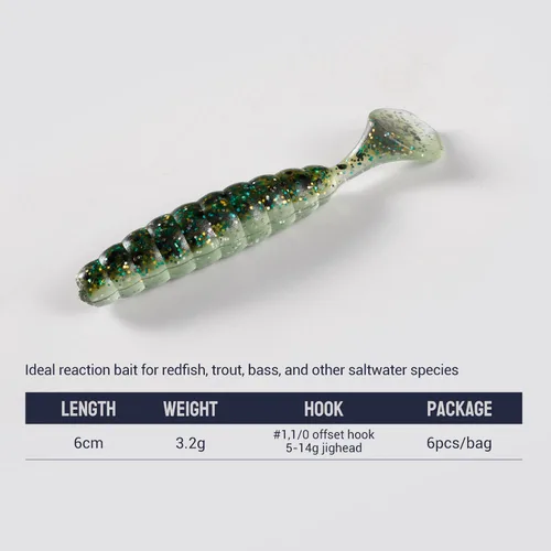 Imagen 2 del producto NOEBY-Cebo Artificial de silicona, cola en T, señuelo acanalado, cabeza de plantilla, gusano Grub, Swimbait para pesca de lubina de mar, 6cm, 3,2g, 6 piezas