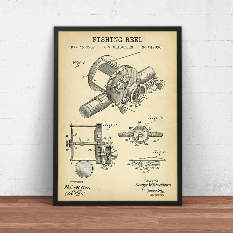 Fishing Reel Patent Poster Prints Fisherman Gifts Fishing Blueprint Canvas Painting Lake House Wall Art Picture Man Cave Decor