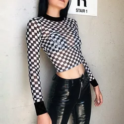 sexy black white plaid checkerboard t-shirts for women Hollow out slim top female t-shirt long sleeve tee shirts