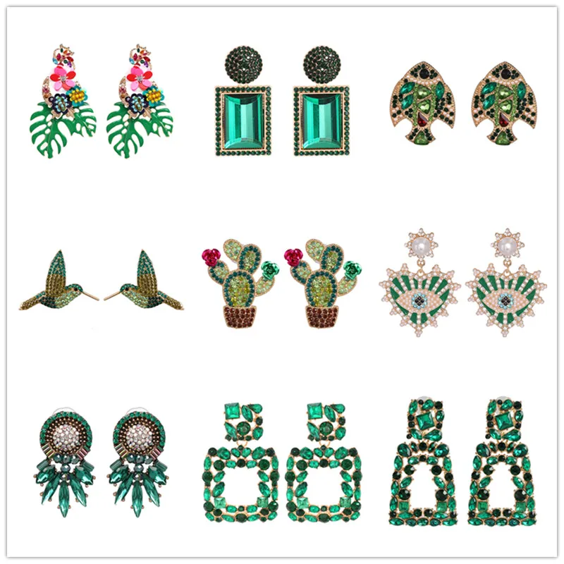 38 تصاميم أقراط جديد أخضر اللون كريستال/حجر الراين هندسية قلادة إسقاط أقراط Vintage مجوهرات اكسسوارات للنساء #3