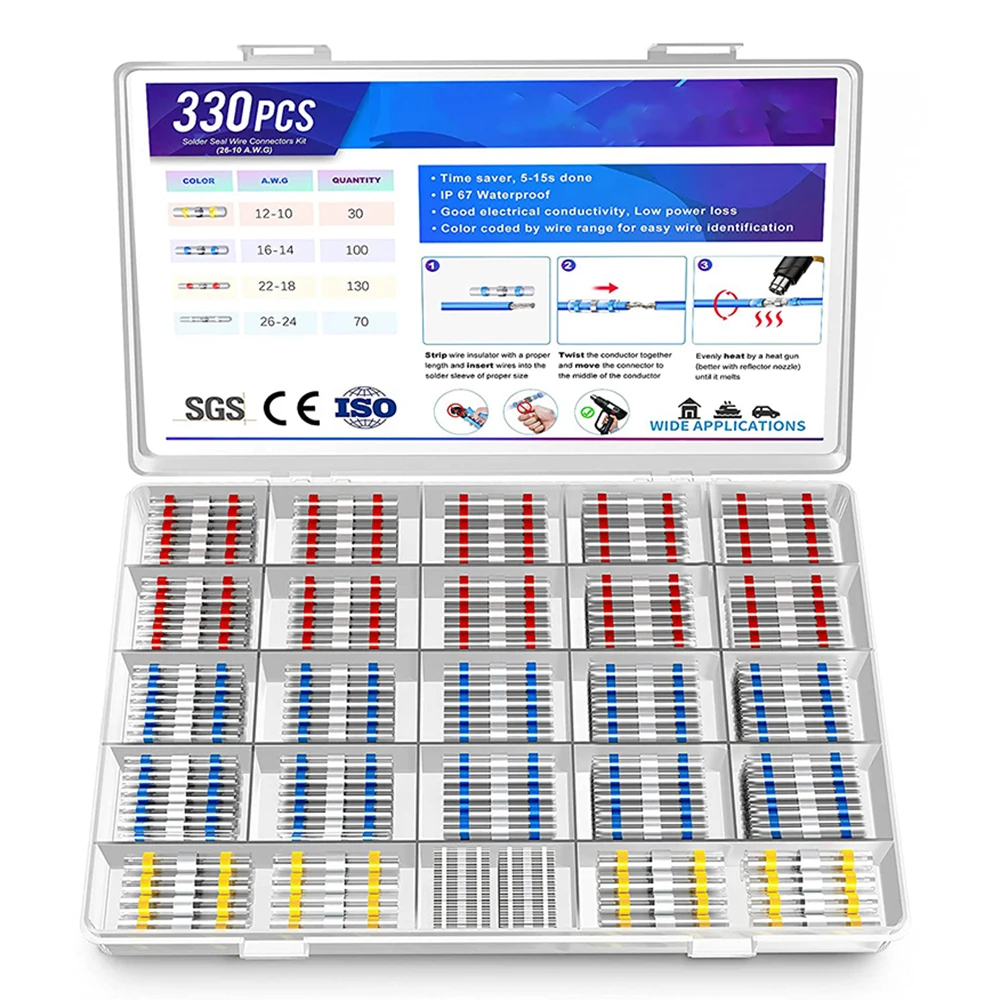 Heat Shrinkable Wire Connectors 120/330PCS SST21 Waterproof Sleeve AWG22-18 Butt Electrical Splice Tinned Solder Seal Terminal