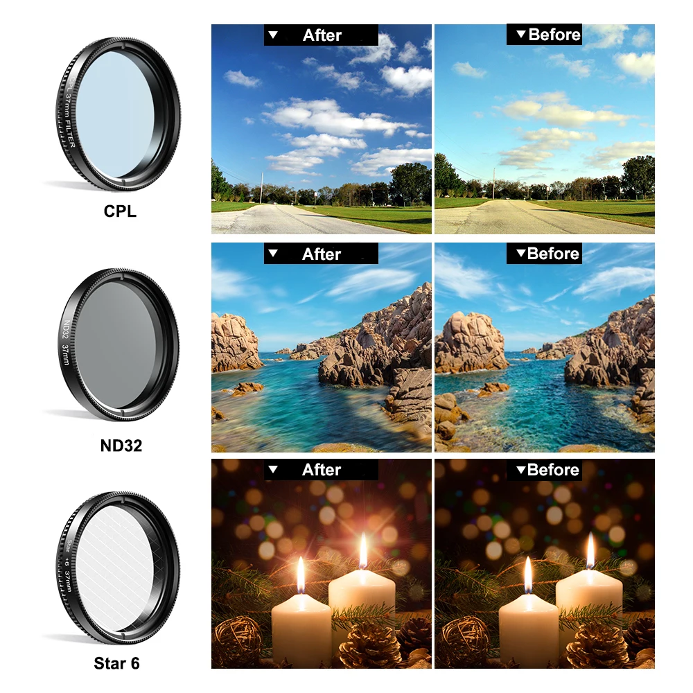 Mobile Phone Lens 7 in 1 Filters 52mm with Clip CPL Travel Kit ND Filter Graduated Lens