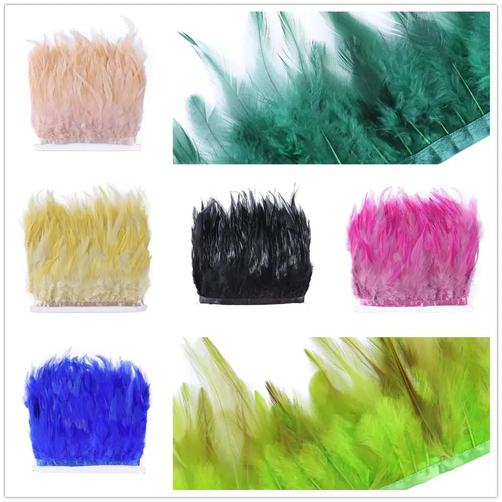 Besdeal 5/10 yard Rooster Hackle Feather Trims Fringes 4-6inch Saddle Feather Ribbons Costume Party Dresses Decoration Accessory