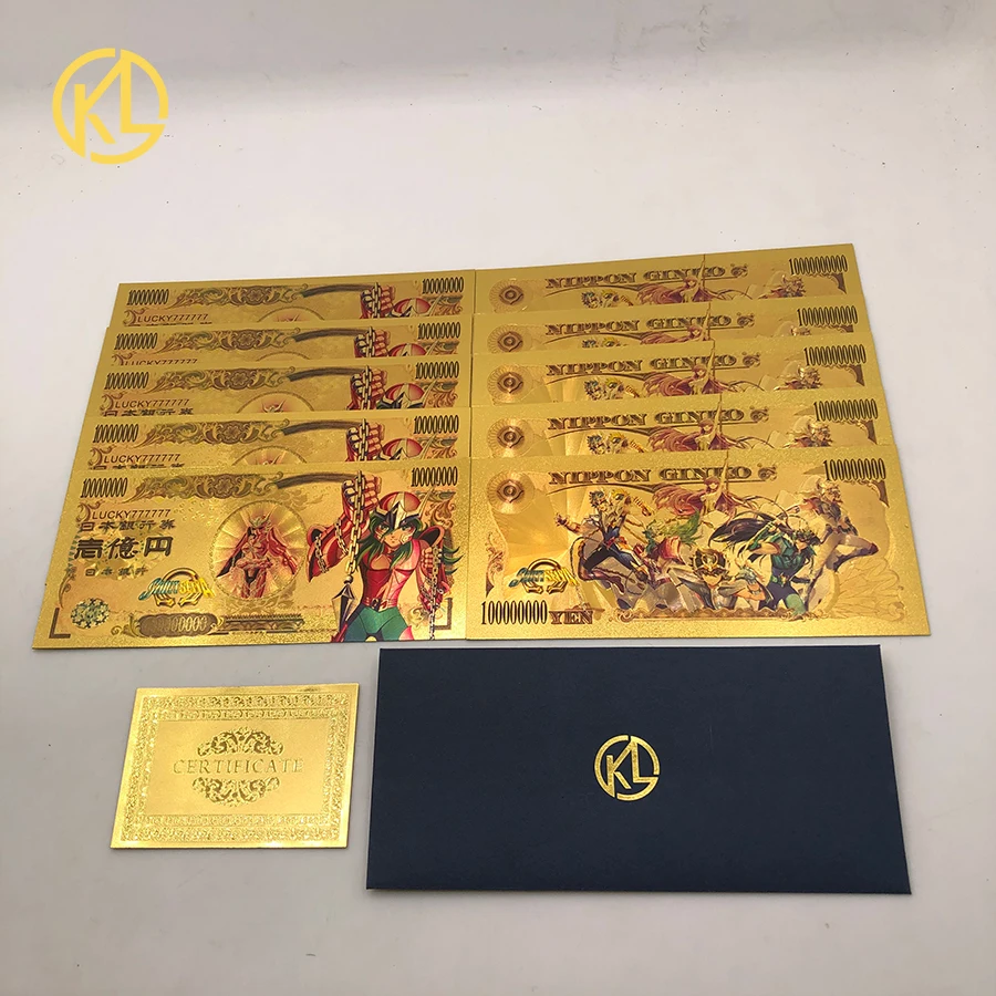 

10pcs/lot Japanese Anime Saint Seiya Hyoga Ikki Shiryu Shun Yen Gold Foil Banknote Plastic Cards for Collection and Gift