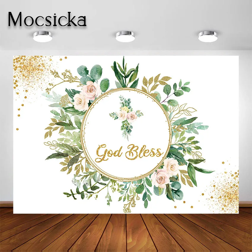 Mocsicka Greenery God Bless Backdrops for Girl Green Leaves First Holy Communion Baby Shower Decoration Background Photo Shoot