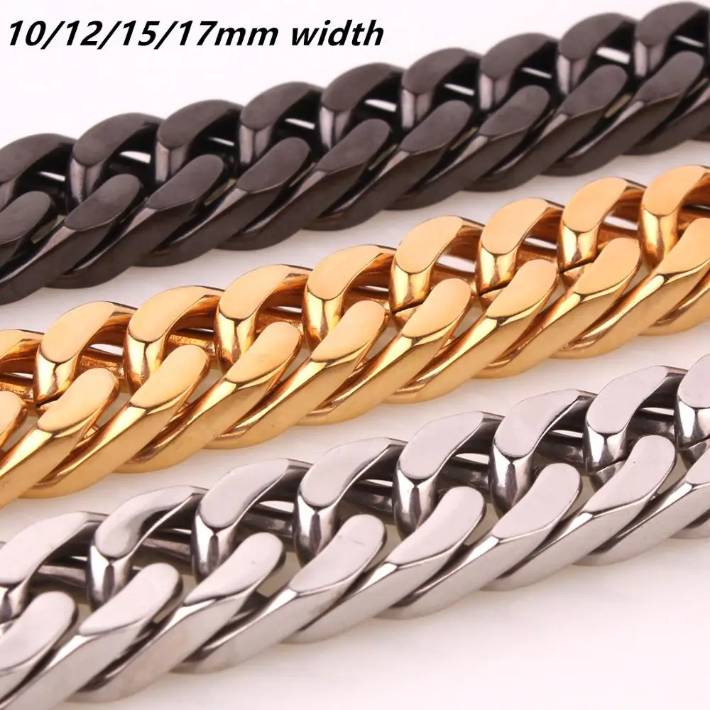 10/12/15/17/19MM Hotsale 316L Stainless Steel Silver/Gold/Black Color Curb Cuban Chain Men\'s Necklace Or Bracelet