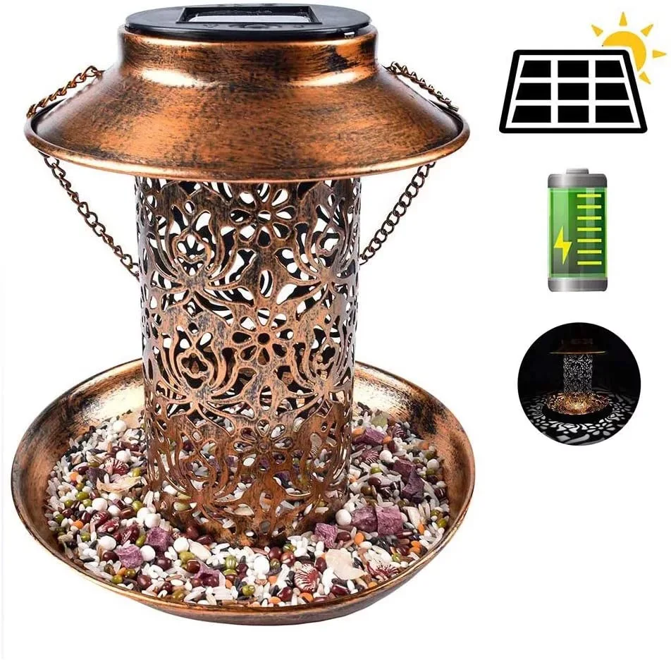 Solar LED Bird Feeder Iron Art Hot Sale Outdoor Light Antique Garden Decoration Lamp