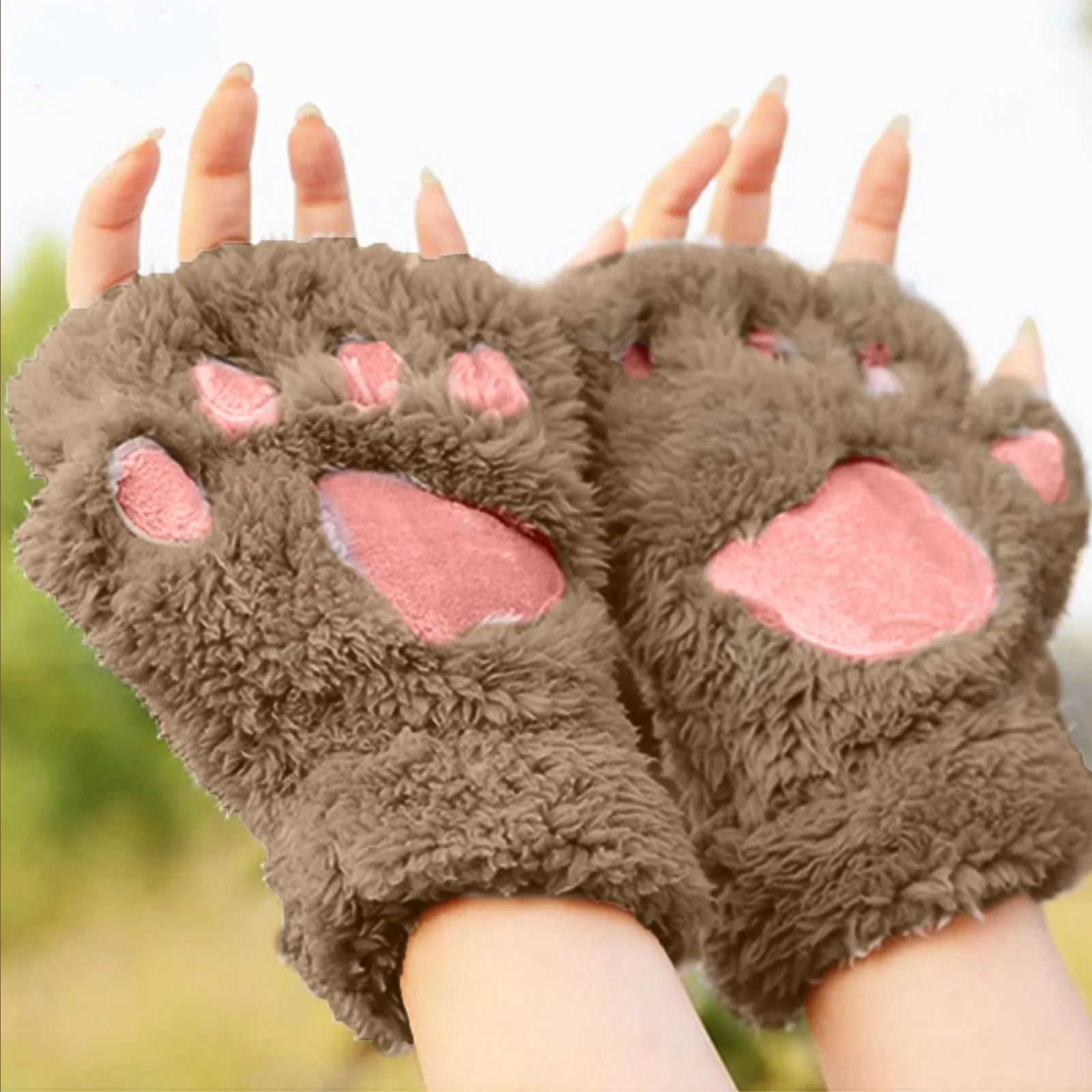 Girls Lovely Winter Warm Fingerless Gloves Fluffy Bear Cat Plush Paw Claw Half Finger Plush Gloves Mittens New Women Ski Glovees