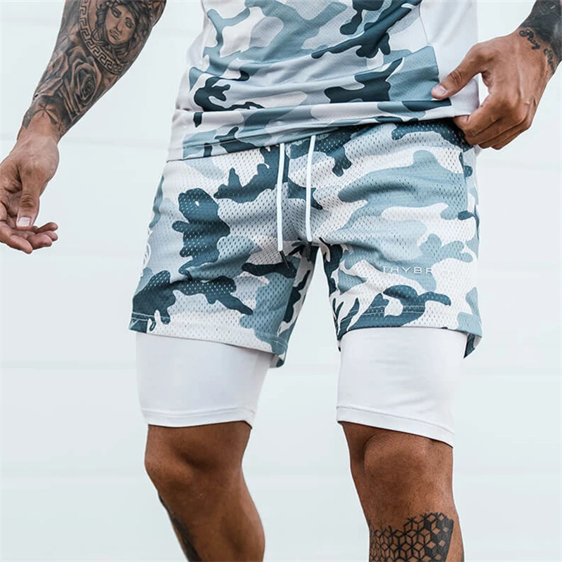 8-Color!!! 2 IN 1 Sport Camouflage Mesh Breathable Shorts Men Double-deck Jogging Running Quick Dry GYM Fitness Workout Buttoms