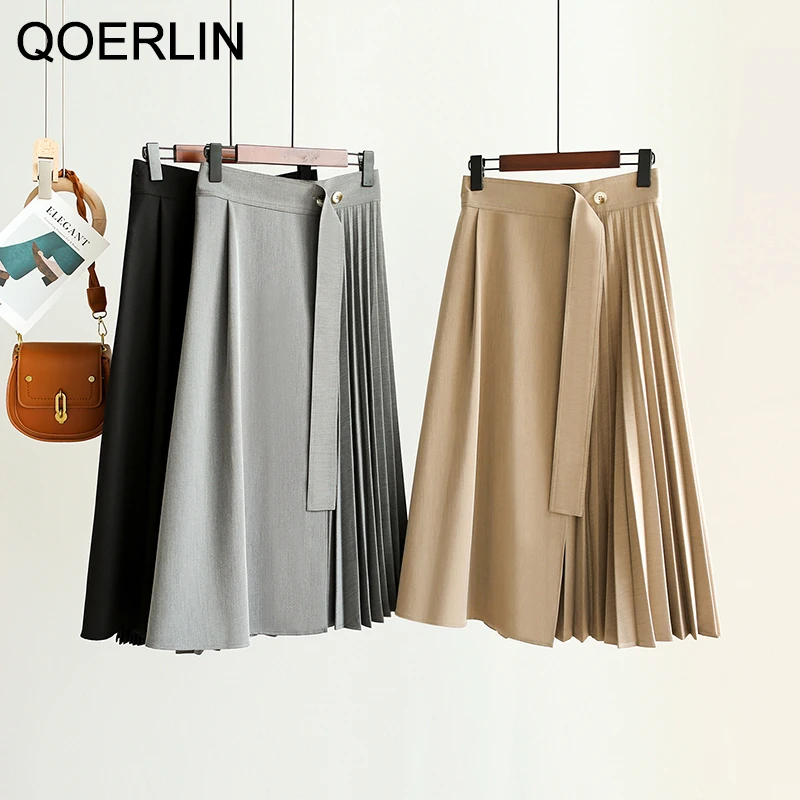 QOERLIN High Quality Irregular Pleated Skirt Women Autumn A-Line High Waist Skirt Chic Mid-Length Black Skirts Female