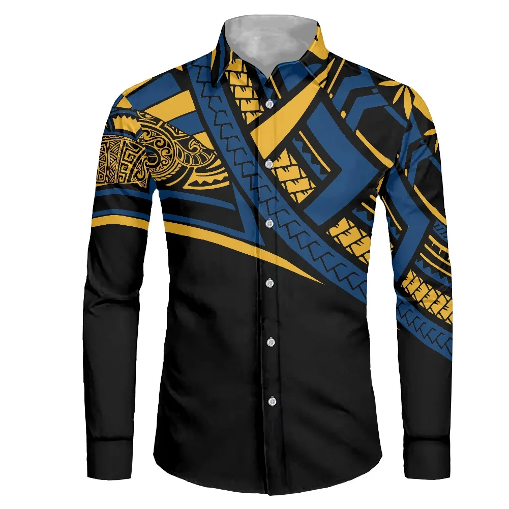 HYCOOL Dropshipping Tattoos Print Green Tribal Long Sleeve Shirt Men Polynesian Dress Men Shirt Plus Size Formal Collared Shirt