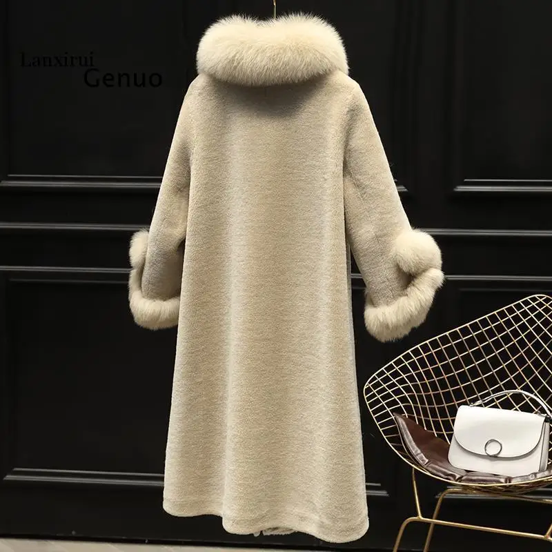 Fashion Women\'s Granules Sheep Skin Suede Fur Coat Ladies Long Coat One Fox Fur Elegant Temperament Coat Female