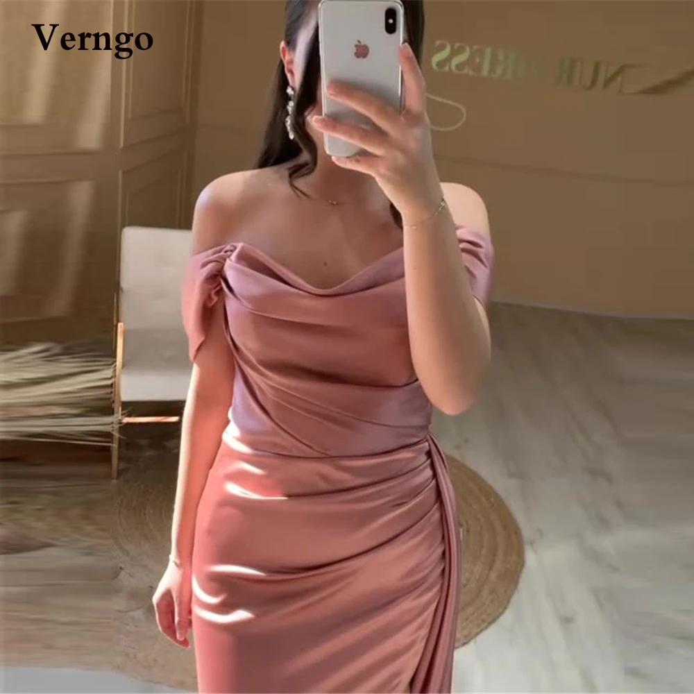 

Verngo 2021 Simple Blush Pink Satin Mermaid Long Prom Dresses Off the Shoulder Sleeves Slit Floor Length Formal Evening Gowns