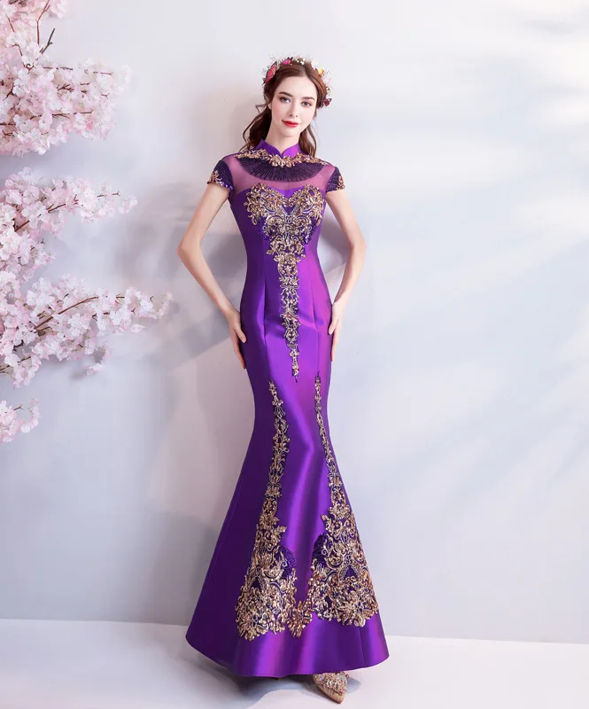 Vestido de fiesta de sirena de lentejuelas doradas y púrpuras, disfraz de Cheongsam violeta, vestidos largos de noche con espalda hueca, vestidos de fiesta de noche