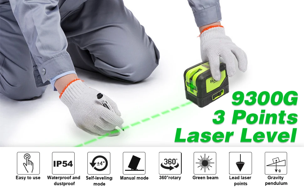 Huepar 9300G 3 Point Laser Self leveling Green Beam Laser Level with Plumb Spots for Soldering and Points Reference Positioning