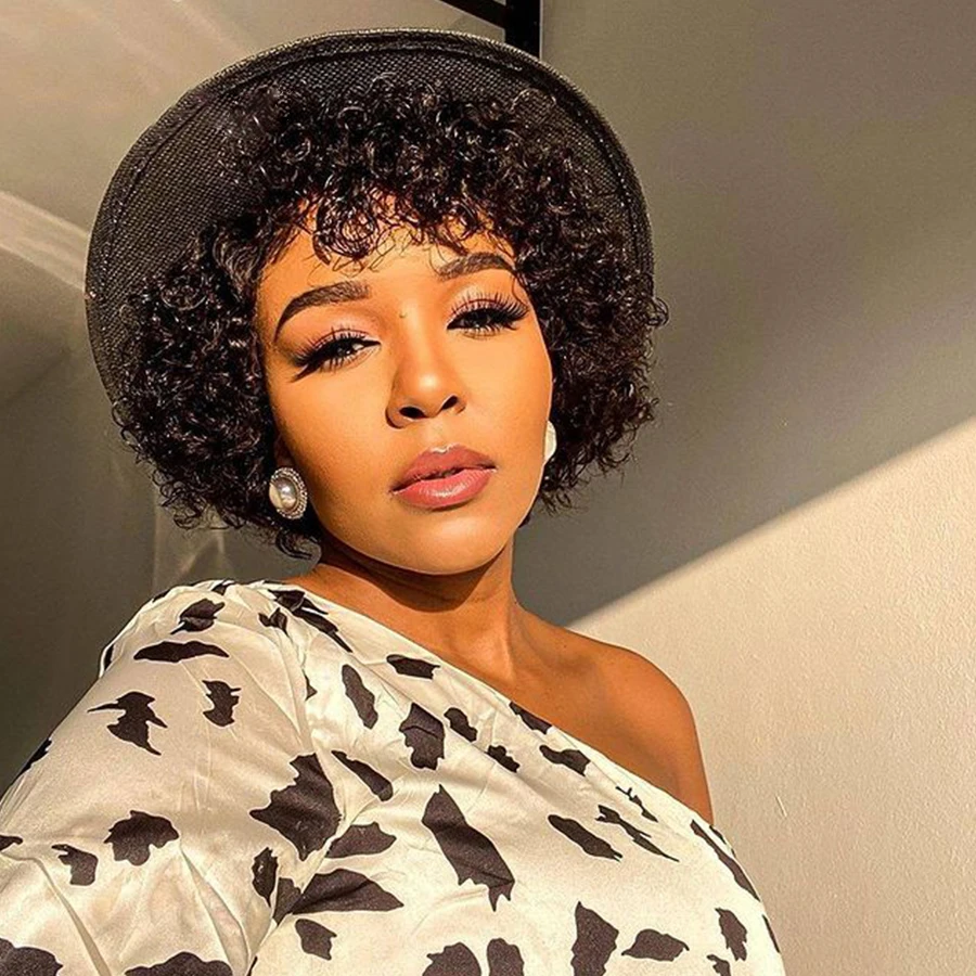 Afro Kinky Curly Wigs Short Cut Wig Brazilian Remy Curly Human Hair Wig For Black Women Full Machine Wigs Short Pixie Cut Wig