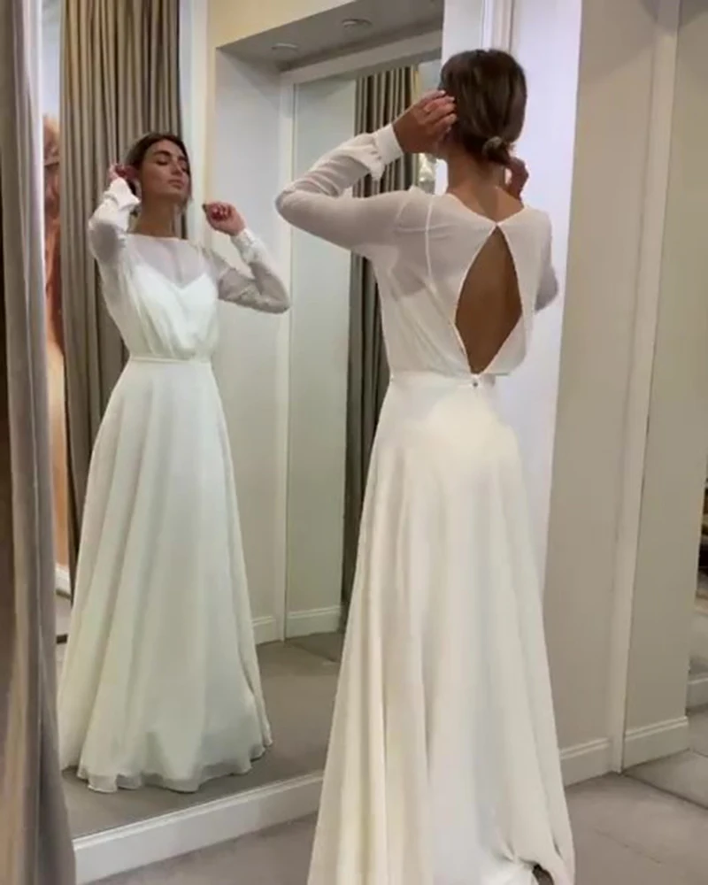 MYYBLE – robe de mariée bohème à manches longues, Simple, ligne A, dos ouvert, modeste, grande taille, sur mesure, en mousseline de soie