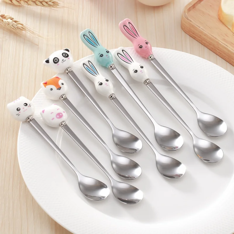 

Animal Creative Ceramic Stainless Steel Spoon Cartoon Children Stirring Household Gifts Tableware 10PCS Set