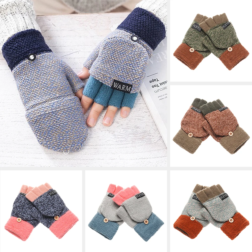 Winter Warm Thickening Wool Gloves Knitted Flip Fingerless Flexible Exposed Finger Thick Mittens for Men Women