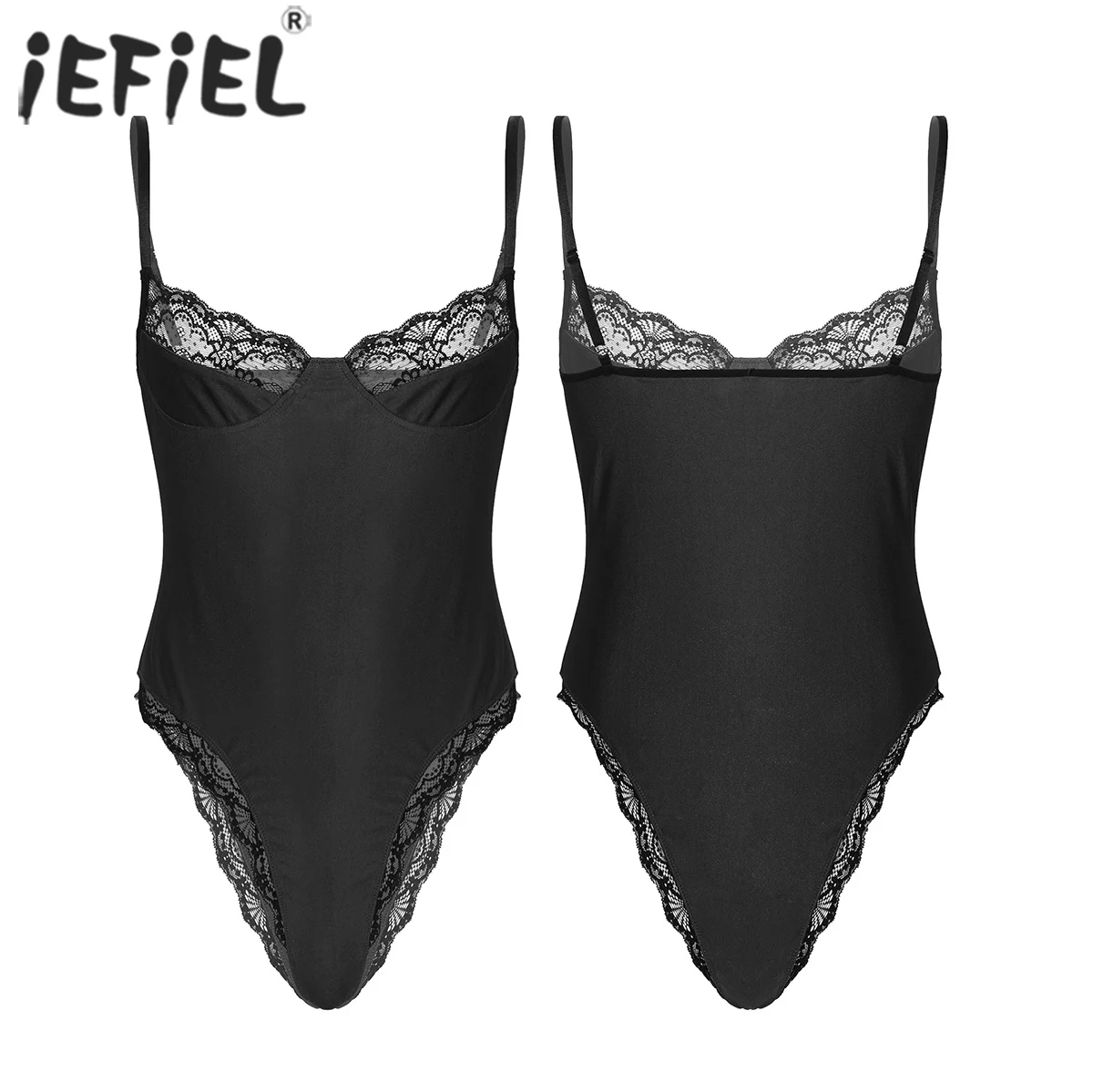 Mens Lingerie Crossdresser One-piece Lace Trim Bodycon Bodysuit Spaghetti Strap Unlined Wireless Bra Lingerie Teddies Catsuit