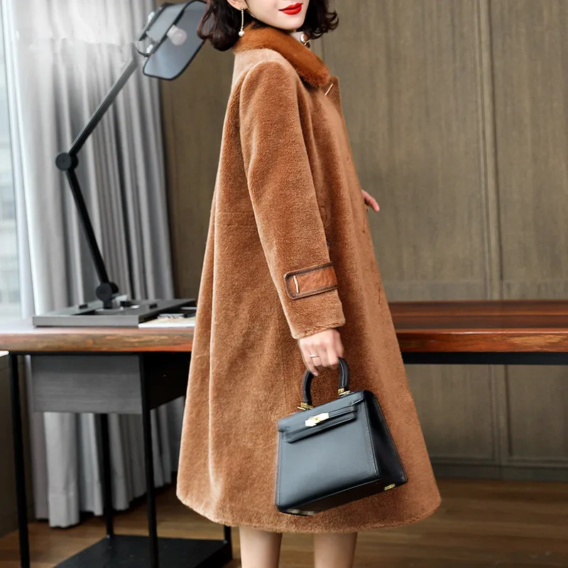 Winter Coat Women 2023 Real Fur Coat Female Sheep Shearling Jacket Mink Fur Collar 100% Wool Coats Korean Outwear MY4433