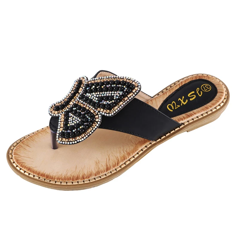 New Breathable Ladies Sandals Slippers Bohemia Rhinestone Pearl Butterfly Decorative Women\'s Shoes Summer Beach Dress Flip Flops