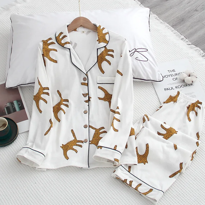 Japanese Style Ladies 100% Cotton Suit Leopard Print Long-Sleeved Trousers Pajamas Suit Spring Autumn Winter Home Service Women