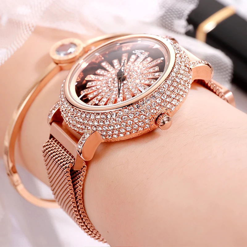 Orologi da donna in oro rosa di lusso elegante orologio da polso Casual con quadrante girevole rhinestone per le donne orologio impermeabile 3ATM di