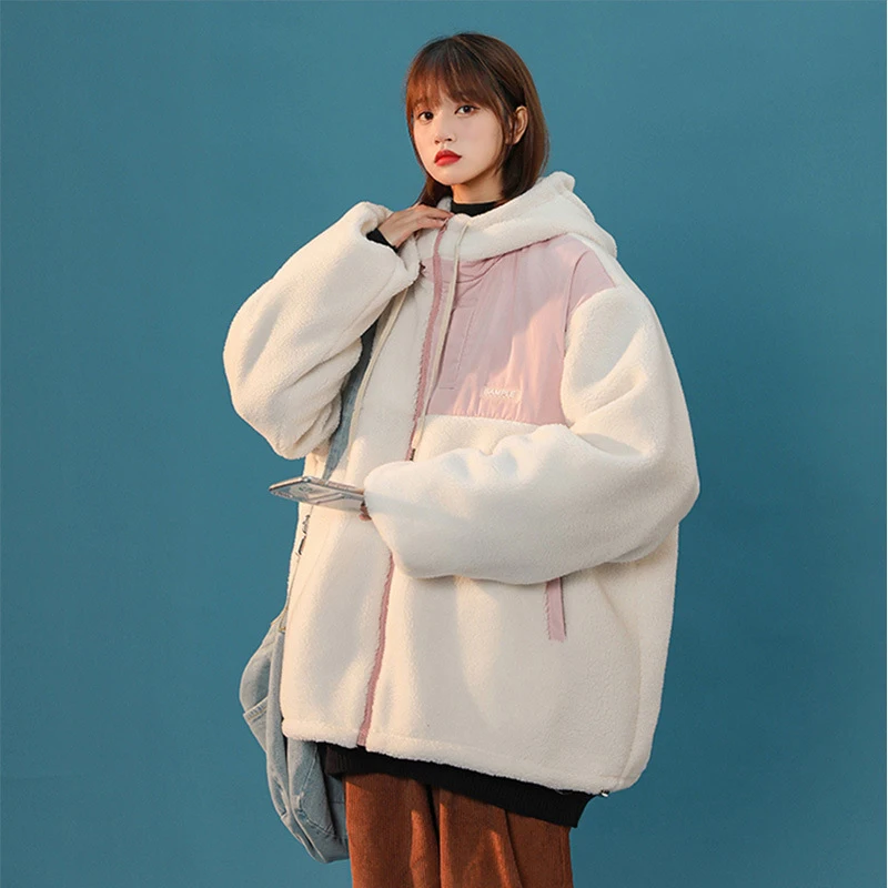 Lambswool Coat Women Winter Thick Warm Parka Harajuku Patchwork Zipper Hooded Jacket Cotton Padded Oversize Outwear Students