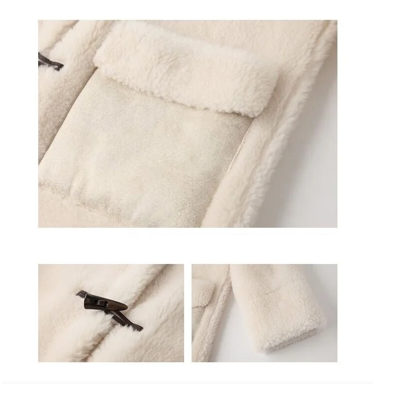 Large Grain Wool Sheep Shearing Fur Women\'s Mid-Length Stand-Up Collar Lamb Fur Coat Horn Button Winter Jacket Fairy Long Coat