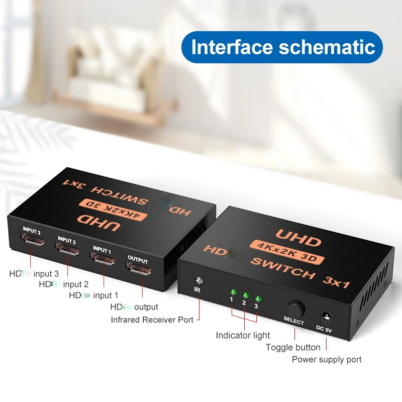 Switcher compatibile HDMI 3 In 1 Out scatola di ferro 4k con telecomando a infrarossi Video HD 3 In 1 Out distributore HD splitter HD