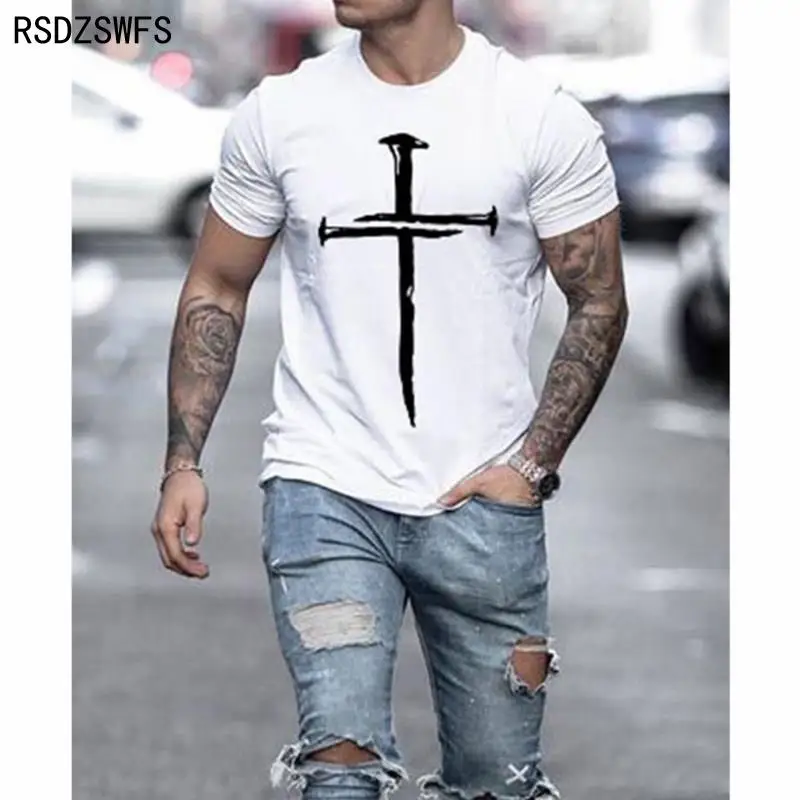 Men\'s Jesus Christ Cross 3D printed T-Shirt Summer Casual All-Match Fashion Short-Sleeved Oversized Round Neck Streetwear